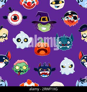 Dessin animé Halloween emoji caractères modèle sans couture. Fond de vecteur avec sorcière, globe oculaire, fantôme et zombie. Chauve-souris, pirate, crâne et clown sinistre. Visages émoticônes de chat noir, de vampire et de lanterne Jack Illustration de Vecteur