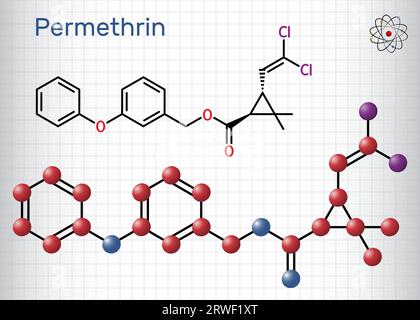 Molécule de perméthrine. Il est insecticide et médicament, utilisé dans le traitement des infestations de poux et de gale. Formule chimique structurale, modèle moléculaire Illustration de Vecteur