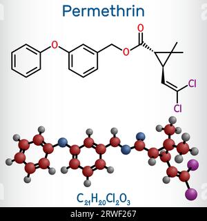 Molécule de perméthrine. Il est insecticide et médicament, utilisé dans le traitement des infestations de poux et de gale. Formule chimique structurale, modèle moléculaire Illustration de Vecteur