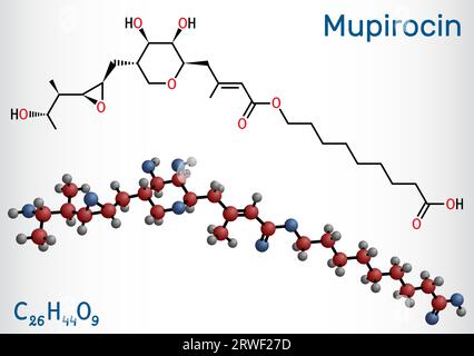 Molécule de mupirocine. C'est un onguent antibactérien utilisé pour traiter l'impétigo et les infections cutanées. Formule chimique structurale, modèle moléculaire. Vecteur illus Illustration de Vecteur