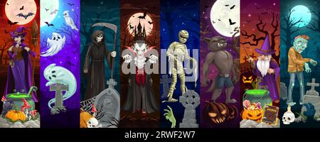 Dessin animé Halloween personnages collage avec monstres effrayants de vacances de nuit d'horreur. Cartes verticales vectorielles avec zombie effrayant et momie, faucheuse sinistre, sorcière ou vampire, loup-garou, wiz, fantômes au cimetière Illustration de Vecteur