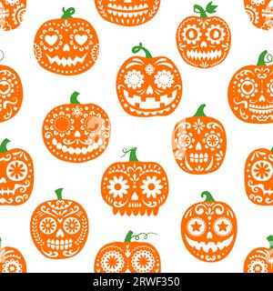 Halloween ou Day of the Dead party citrouilles mexicaines motif sans couture. Papier d'emballage imprimé, tissu ou vecteur textile fond sans couture avec citrouilles d'Halloween ou crânes de vacances Dia de Los Muertos Illustration de Vecteur