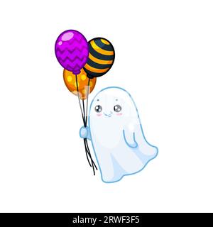 Le personnage fantôme Kawaii d'Halloween tient un tas de ballons colorés. Vecteur de dessin animé isolé mignon Spook personnage célébrant la fête, rayonnant le charme et l'innocence avec sa présence ludique et attachante Illustration de Vecteur