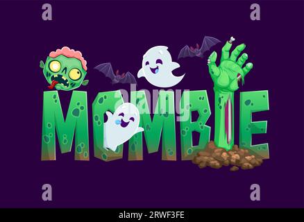 Bannière de mombie Halloween avec main de zombie, fantômes et chauves-souris Kawaii, vacances effrayantes vectorielles. Truquez ou traitez les personnages de dessins animés de monstres de fête de nuit, les emojies de zombie de maman et la police de lettres effrayantes Illustration de Vecteur