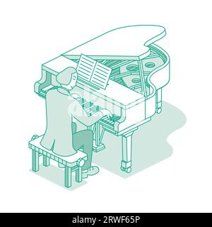 Personnage pianiste. Homme élégant jouant de la composition musicale au piano à queue professionnel. Instrument de musique. Concept isométrique isolé sur blanc. Illustration de Vecteur