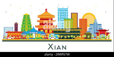 Xian China City Skyline avec des bâtiments de couleur isolés sur blanc. Illustration vectorielle. Voyage d'affaires et concept de tourisme avec architecture historique. Illustration de Vecteur