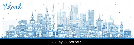 Contour Pologne City Skyline avec des bâtiments bleus. Illustration vectorielle. Concept avec architecture moderne. Pologne CityScape avec des monuments. Varsovie. Illustration de Vecteur