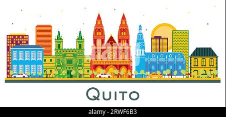 Quito Équateur City Skyline avec des bâtiments de couleur isolés sur blanc. Illustration vectorielle. Voyage d'affaires et concept de tourisme avec architecture historique Illustration de Vecteur