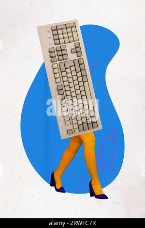 Creative vertical illustration collage absurde femme sans tête email clavier mécanique marchant hauts talons isolés sur fond blanc Banque D'Images