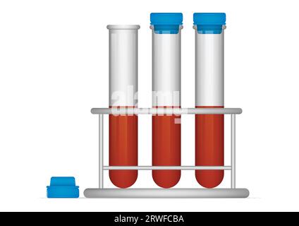 Tubes à essai médicaux avec sang dans l'illustration vectorielle de portoir. Placez le tube en verre du test sanguin Illustration de Vecteur