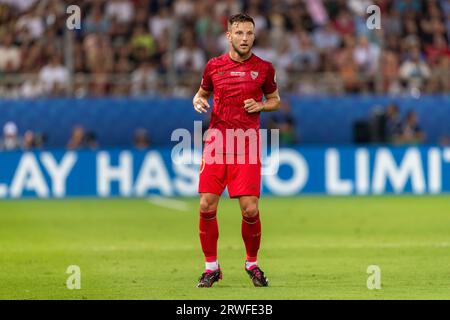 Athènes, Grèce - 16 août 2023 : le joueur d'Ivan Rakitic en action lors du match final de la Super coupe de l'UEFA entre Manchester City et Séville au Stadio Banque D'Images