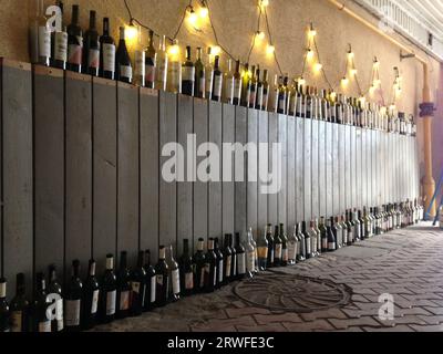 Beaucoup de bouteilles de vin debout sous le mur. Banque D'Images