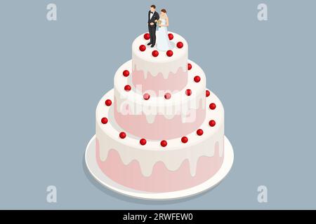 Gâteau de mariage isométrique avec baies, figurines de mariée et marié sur le dessus. Douceur pour cérémonie de mariage. Gâteau de mariage blanc à trois niveaux Illustration de Vecteur