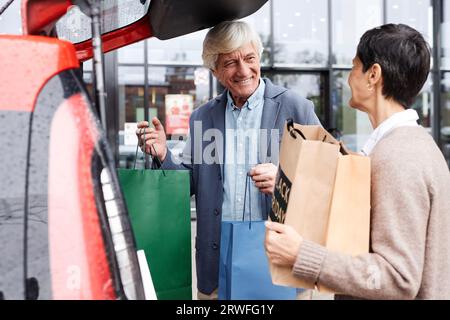 Portrait de vue latérale de couple senior souriant mettant des sacs à provisions dans la voiture à l'extérieur, espace de copie Banque D'Images