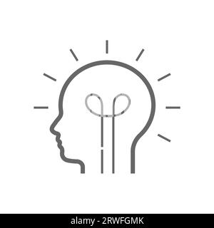 L'ampoule ressemble à la tête avec l'icône de ligne d'ampoule d'idée, illustration de logo vectoriel de contour, pictogramme linéaire isolé sur blanc. Contour modifiable. SPE 10 Illustration de Vecteur