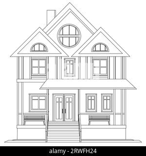 Contour maison de deux étages avec porche et bancs isolé sur fond blanc. Clipart vectoriel. Illustration de Vecteur