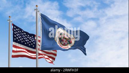 Drapeau de l'État du Minnesota agitant avec le drapeau national américain par temps clair. rendu d'illustration 3d. tissu ondulé Banque D'Images