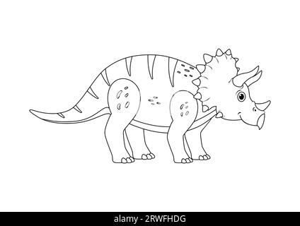 Vecteur de caractère de dessin animé de dinosaure Triceratops noir et blanc. Coloriage d'un dinosaure Triceratops Illustration de Vecteur