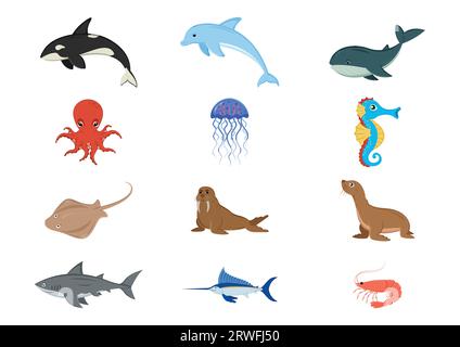Ensemble d'illustration vectorielle clipart d'animaux du monde sous-marin Illustration de Vecteur