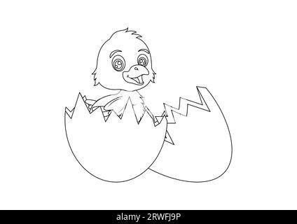 Poulet bébé noir et blanc dans une illustration vectorielle de personnage de dessin animé en coquille d'œuf. Coloriage de bébé poulet dans une coquille d'œuf Illustration de Vecteur