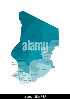 Illustration isolée vectorielle de la carte administrative simplifiée du Tchad. Frontières et noms des régions. Silhouettes kaki bleues colorées Illustration de Vecteur