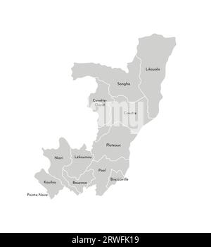 Illustration isolée vectorielle de la carte administrative simplifiée de la République du Congo. Frontières et noms des départements (régions). Silhouette grise Illustration de Vecteur
