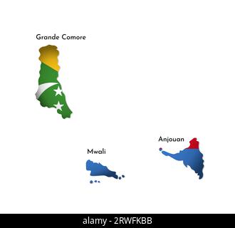 Illustration isolée vectorielle avec drapeau national des Comores avec la forme de cette carte (simplifiée). Ombre de volume sur la carte. Fond blanc Illustration de Vecteur