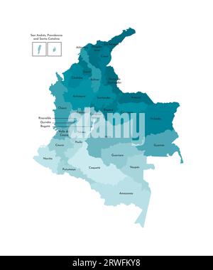 Illustration isolée vectorielle de la carte administrative simplifiée de la Colombie. Frontières et noms des départements (régions). Silhouette kaki bleue colorée Illustration de Vecteur