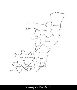 Illustration isolée vectorielle de la carte administrative simplifiée de la République du Congo. Frontières et noms des départements (régions). Ligne noire sil Illustration de Vecteur