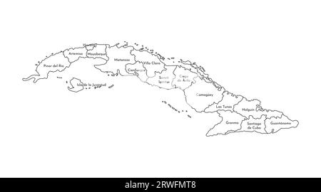 Illustration isolée vectorielle de carte administrative simplifiée de Cuba. Frontières et noms des provinces (régions). Silhouettes de lignes noires. Illustration de Vecteur