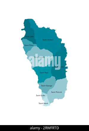 Illustration isolée vectorielle de la carte administrative simplifiée de la Dominique. Frontières et noms des paroisses (régions). Silhouette kaki bleue colorée Illustration de Vecteur