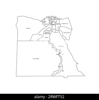 Illustration isolée vectorielle de la carte administrative simplifiée de l'Egypte. Frontières et noms des régions. Silhouettes de lignes noires. Illustration de Vecteur