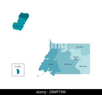 Illustration isolée vectorielle de la carte administrative simplifiée de Guinée équatoriale. Frontières et noms des provinces (régions). Kaki bleu coloré Illustration de Vecteur