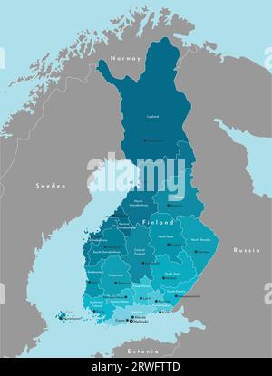 Vector illustration moderne. Carte administrative simplifiée de la Finlande. Il est bordé par la Suède, la Norvège, la Russie. Noms des villes et régions finlandaises. B Illustration de Vecteur