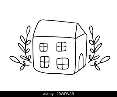 ECO House avec des fleurs. Simple Calligraphie nature vecteur bio icône. Estate Architecture Construction pour la conception. Art Home vintage Hand Drawn logo vert Illustration de Vecteur