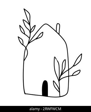 ECO House avec des fleurs. Simple Calligraphie nature vecteur bio icône. Estate Architecture Construction pour la conception. Art Home vintage Hand Drawn logo vert Illustration de Vecteur