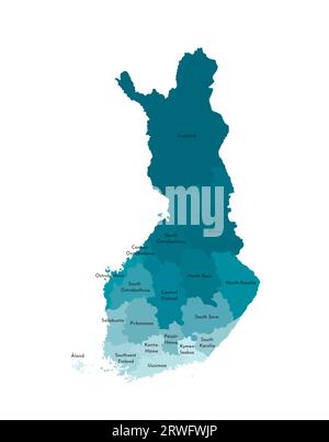 Illustration isolée vectorielle de la carte administrative simplifiée de la Finlande. Frontières et noms des régions. Silhouettes kaki bleues colorées Illustration de Vecteur
