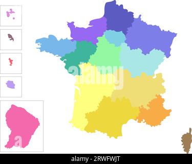 Illustration isolée vectorielle de la carte administrative simplifiée de France. Frontières des régions. Silhouettes colorées Illustration de Vecteur