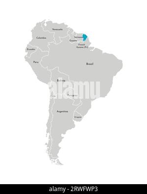 Illustration vectorielle avec carte simplifiée du continent d'Amérique du Sud avec contour bleu de la Guyane française. Silhouettes grises, contour blanc du bord des États Illustration de Vecteur