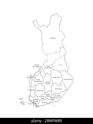 Illustration isolée vectorielle de la carte administrative simplifiée de la Finlande. Frontières et noms des régions. Silhouettes de lignes noires. Illustration de Vecteur