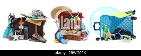 Ensemble avec valises et accessoires de plage isolé sur blanc Banque D'Images