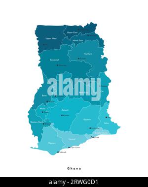 Illustration isolée vectorielle. Carte administrative simplifiée du Ghana en couleurs bleues. Fond blanc. Noms des régions et capitales du Ghana Illustration de Vecteur