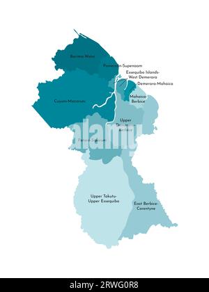 Illustration isolée vectorielle de la carte administrative simplifiée de la Guyane. Frontières et noms des régions. Silhouettes kaki bleues colorées. Illustration de Vecteur