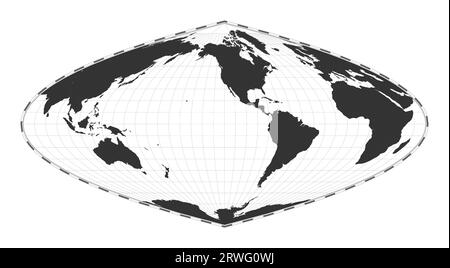 Carte du monde vectorielle. Projection parabolique Craster. Carte géographique du monde simple avec des lignes de latitude et de longitude. Centré sur une longitude de 120 deg E. Vecteur Illustration de Vecteur