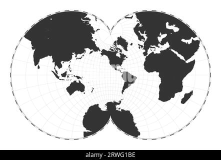 Carte du monde vectorielle. Projection conforme d'Eisenlohr. Carte géographique du monde simple avec des lignes de latitude et de longitude. Centré sur une longitude de 120 deg E. Vect Illustration de Vecteur