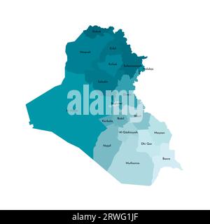 Illustration isolée vectorielle de la carte administrative simplifiée de l'Irak. Frontières et noms des gouvernorats (régions). Silhouette kaki bleue colorée Illustration de Vecteur