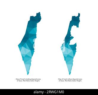 Icônes d'illustration isolée vectorielle avec silhouettes bleues simplifiées de la carte d'Israël (y compris et sans zone contestée de Gaza, Cisjordanie, hauteur du Golan Illustration de Vecteur