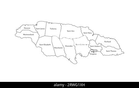Illustration isolée vectorielle de la carte administrative simplifiée de la Jamaïque. Frontières et noms des paroisses (régions). Silhouettes de lignes noires. Illustration de Vecteur