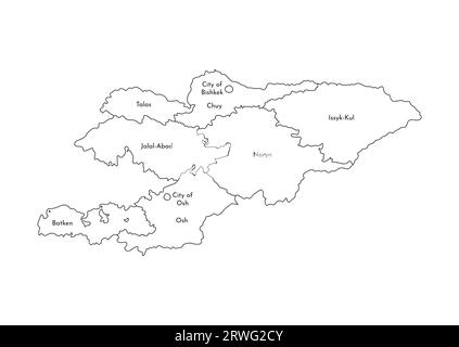 Illustration isolée vectorielle de la carte administrative simplifiée du Kirghizistan. Frontières et noms des régions. Silhouettes de lignes noires. Illustration de Vecteur