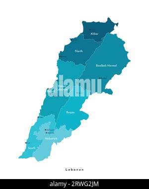 Vector Modern illustration isolée. Carte administrative simplifiée du Liban en couleurs bleues. Fond blanc et contours. Noms des grandes villes et g Illustration de Vecteur